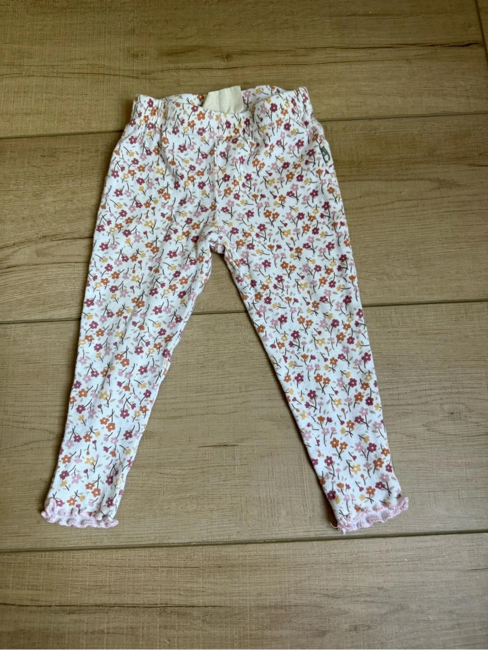 Kids Floral Cotton Leggings - White with Pink & Orange Flowers